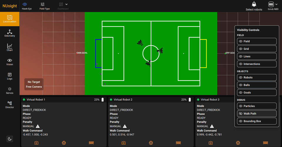 Localisation tab. Top half of the screen shows a 3D scene with a soccer field and NUgus robots. The bottom half displays text describing the status of each robot